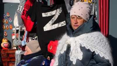 A T-shirt with the letter Z, which has become a symbol of the Russian military is displayed for sale at a street souvenir shop in St. Petersburg, Russia, Sunday, March 27, 2022. (AP Photo)



