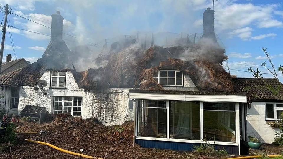 Thatched roof cottage blaze in Studley takes fire crews twenty hours to