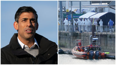 Split image. Left image: Rishi Sunak. Right image: Forensic officers enter a tent at a port in Kent after a migrant boat capsized in the Channel.