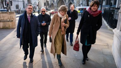DUP leader Sir Jeffrey Donaldson (left), Ben Habib (second left), Baroness Kate Hoey (centre), and former first minister Dame Arlene Foster (right), outside the UK Supreme Court in London