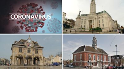 Coronavirus collage of Luton Peterborough and Braintree town centres