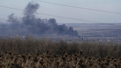 Smoke billows from fighting between Ukrainian and Russian forces in Soledar.