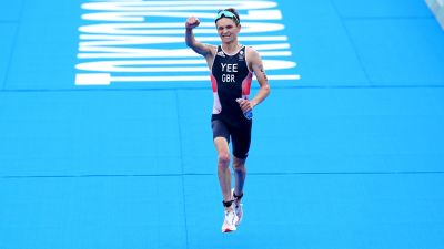 Great Britain's Alex Yee celebrates finishing second to take the silver medal in the Men's Triathlon