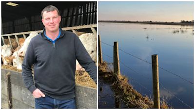 Split image. Left image: Peter Gardiner. Right image: A general view of flooded grazing marshland on Peter Gardiner's farm in Norfolk.