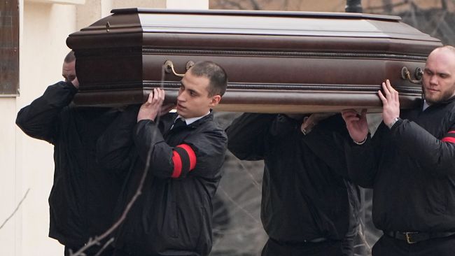 The coffin of Russian opposition leader Alexei Navalny is carried into church.