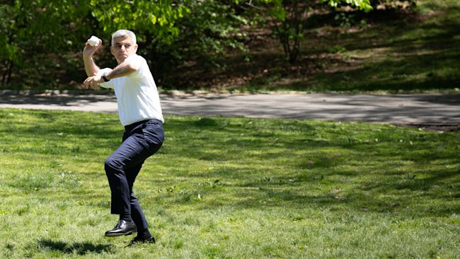 Mayor of London Sadiq Khan practices his pitching in Central Park in New York ahead of pitching the first ball at San Francisco Giants v Colorado Rockies baseball game on Tuesday, during a 5 day visit to the US in a bid to boost London's tourism industry. Picture date: Monday May 9, 2022.