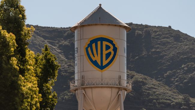 The Warner Bros. water tower is seen at Warner Bros. Studios in Burbank, California on Friday, December 5, 2025.