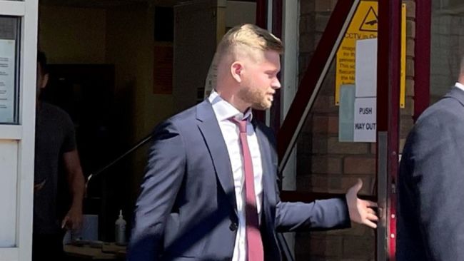 Charlie Thompson, a police constable with Essex Police, is seen leaving Basildon Magistrates Court, where he is facinga charge of assault by beating.
Credit: PA