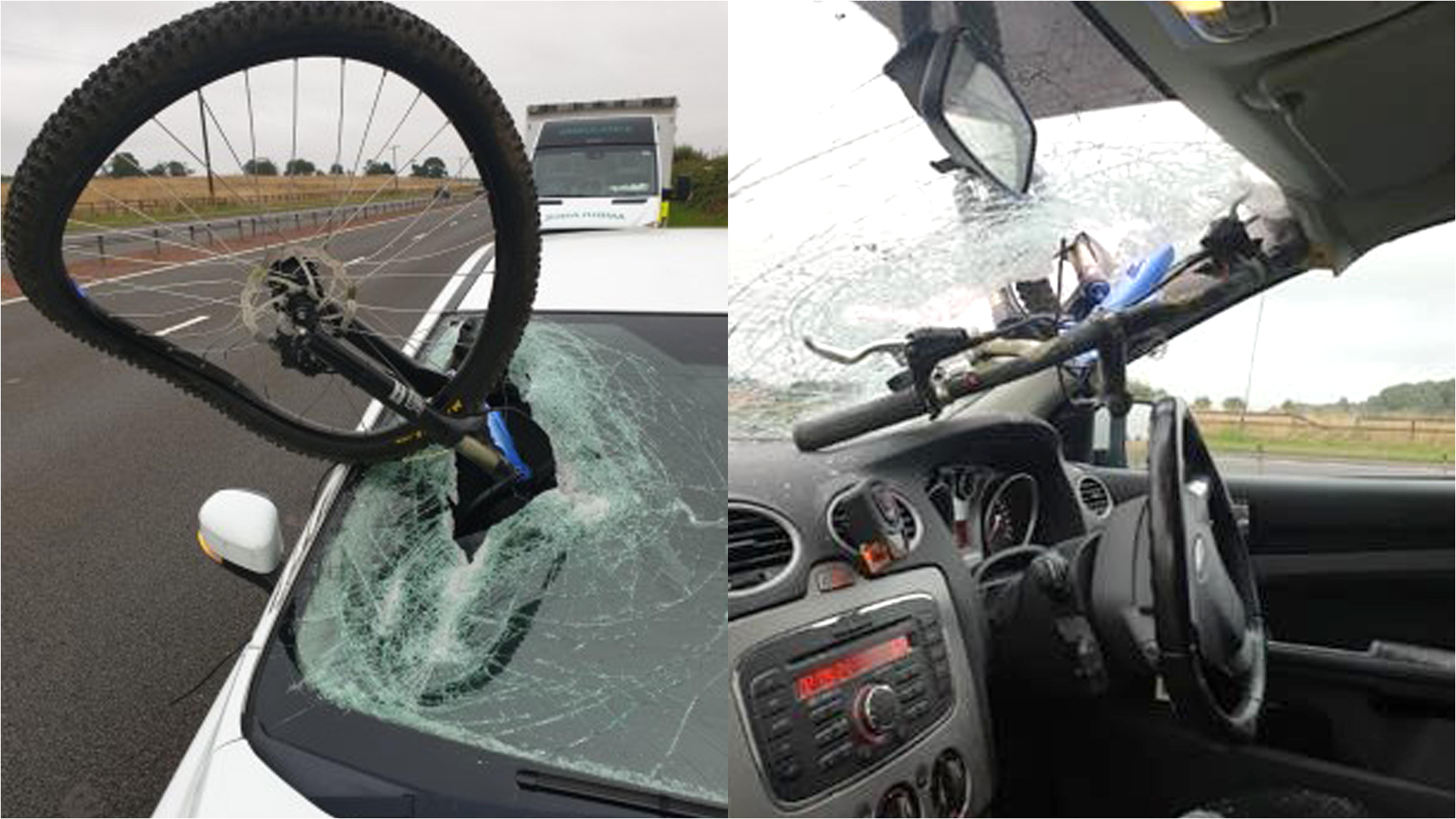 Lucky escape for motorway driver after bicycle smashes through ...