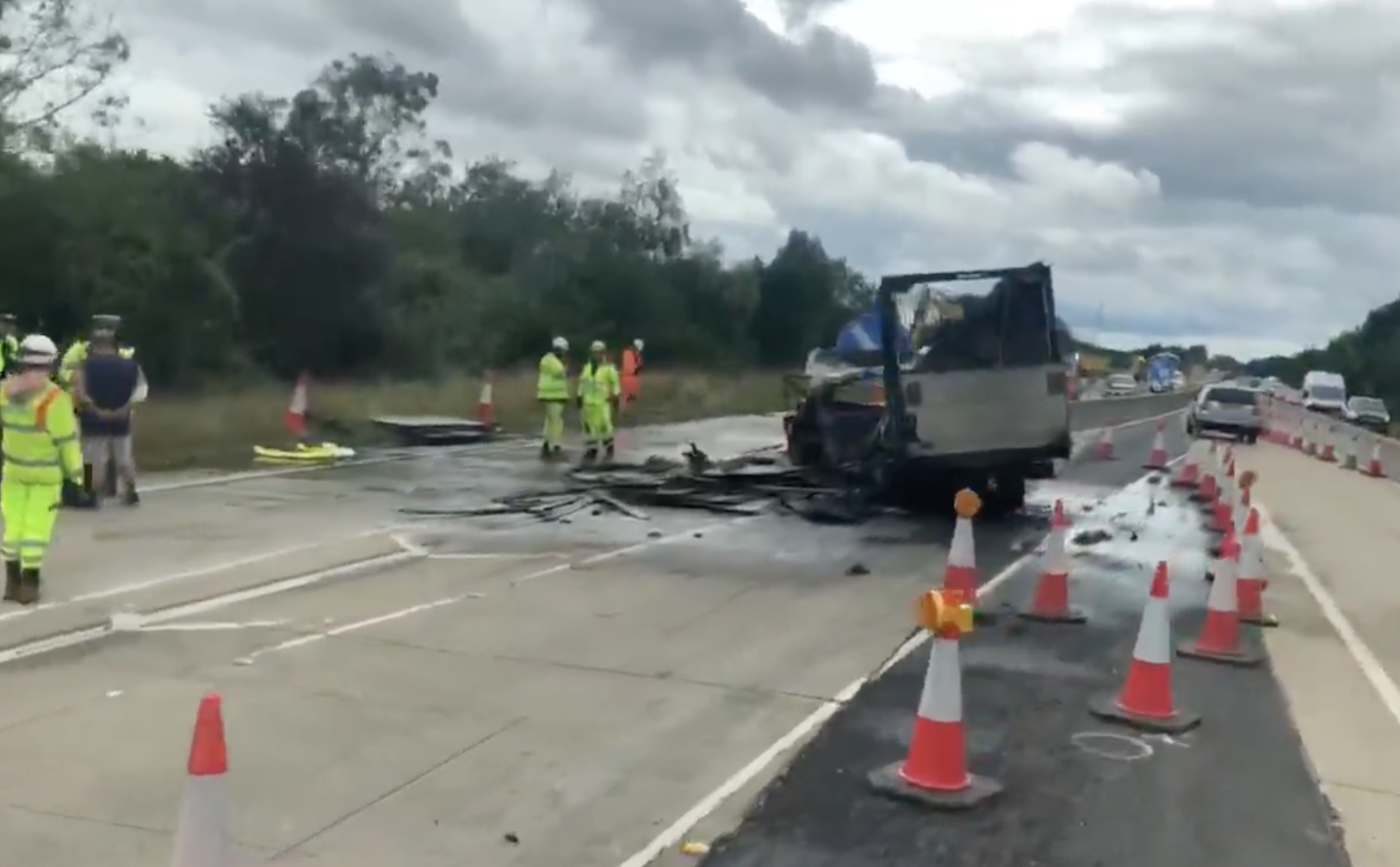 Norfolk A11 closed southbound after lorry fire in roadworks blocks