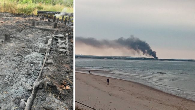 Destroyed boardwalk and dipping platform, by Anthony Johnston and (right) East Chevington fire seen from Cresswell. Image by Steve Lowe.