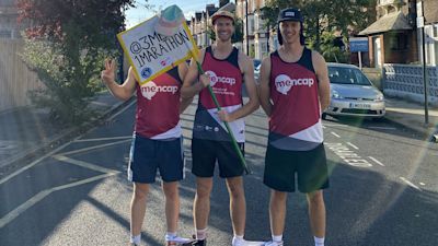 Undated handout photo issued by 3 Men 1 Marathon of brothers Michael Pelton (right), 28, and Andrew Pelton (left), 30, and their friend and housemate Niall Cooper (centre), 28, who are aiming to set a world record by turning this weekend's London Marathon into a four-legged race. The three will be tied together at the ankle when they compete on Sunday with the aim of beating the current mark of four hours and 44 minutes. Issue date: Thursday September 30, 2021.