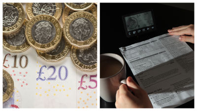 Split image. Image left: UK cash. Image right: A person looking at their bills.