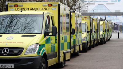Ambulances parked outside the ExCeL in east London which is the site of one of a number of Nightingale hospitals prepared last year at the start of the coronavirus pandemic and which the NHS says is being reactivated and made ready to admit patients as hospitals in the capital struggle as Covid patients numbers rise.