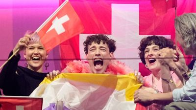 Credit: AP

Switzerland's Nemo celebrates as the points are read out at the Eurovision Song Contest final.