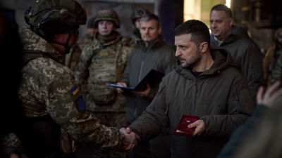 Volodymyr Zelenskyy awards a serviceman at the site of the heaviest battles with the Russian invaders in Bakhmut, Ukraine.