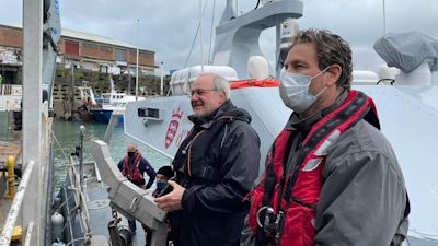 Deputy Guida and Gregory Morel, Natural Environment Marine Resources, aboard the Jersey vessel. Credit: Jersey Government