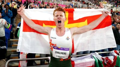 Guernsey's Alastair Chalmers celebrates winning bronze in the Men's 400m Hurdles Final at Alexander Stadium on day nine of the 2022 Commonwealth Games in Birmingham.