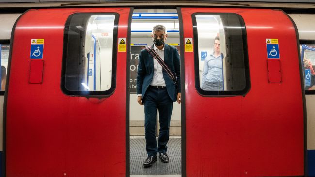Mayor of London Sadiq Khan exits a train on the Bank branch of the Northern line at Monument Station in London. Picture date: Monday May 16, 2022.

