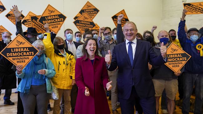 Liberal Democrat leader Ed Davey and new Liberal Democrat MP for Chesham and Amersham, Sarah Green, during a victory rally at Chesham Youth Centre