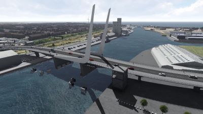 A CGI impression of a bridge going over a river