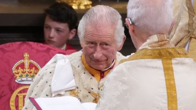King Charles III with The Archbishop of Canterbury the Most Reverend Justin Welby during his coronation ceremony in Westminster Abbey, London. Picture date: Saturday May 6, 2023.
