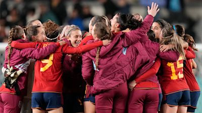 Spain celebrate after beating Sweden in the semi final of the World Cup.