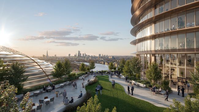 artist's impression, unveiled by the global banking giant, of a riverside view of a new development in London's Canary Wharf