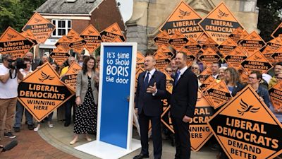 Ed Davey celebrating the win in Tiverton with Richard Foord