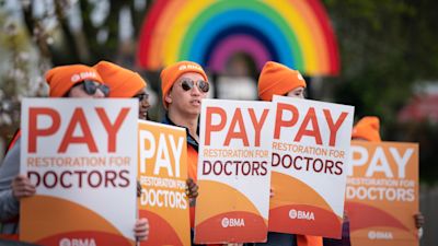 Striking NHS junior doctors on the picket line outside Southend University Hospital in Essex.