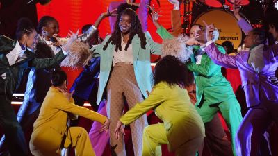 Little Simz performs during the Brit Awards 2022 at the O2 Arena, London