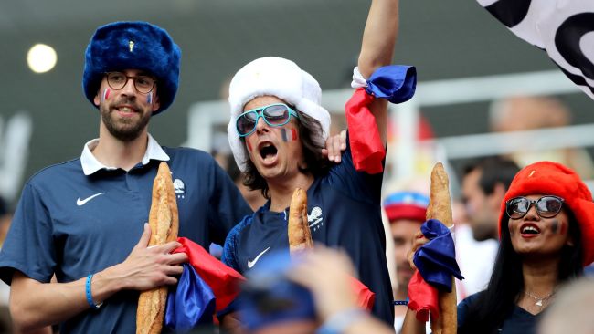 France supporters in the stands eat baguettes before the FIFA World Cup Final at the Luzhniki Stadium, Moscow.
FA