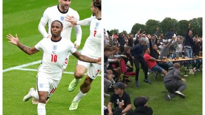 Raheem Sterling and fans at Soham Town Rangers celebrate.