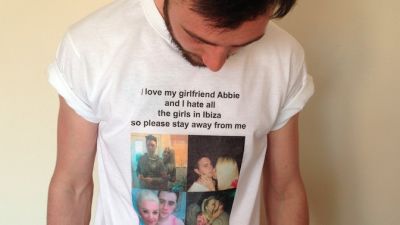 Woman makes her boyfriend wear a T-shirt with her face on it for