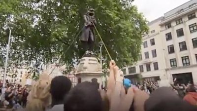 Toppling of statue of slave trader Edward Colston during a Black Lives Matter protest in June 2020, credit ITV West Country