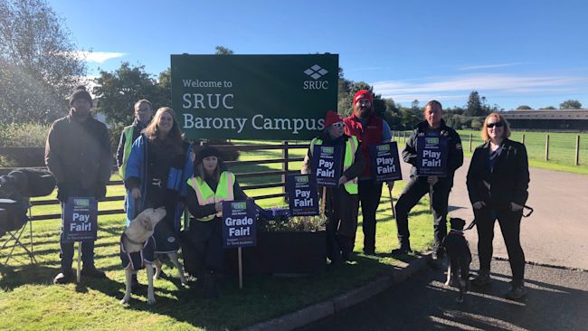 Protesting staff at SRUC Barony Campus in Dumfries today, 6/10/2021. ITV pic
