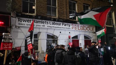 Protest outside the office of the Tower Hamlets Labour Party in Bethnal Green, London, in an area represented by Labour MP Rushanara Ali, in protest at Labours stance on the Israel-Hamas war. Picture date: Thursday November 16, 2023.