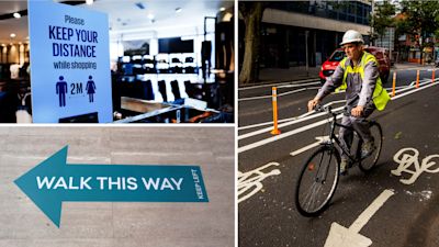 High street montage of cyclist and social distance signs