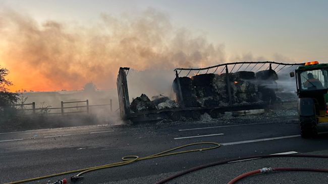 Lorry burnt out on A14 in Suffolk