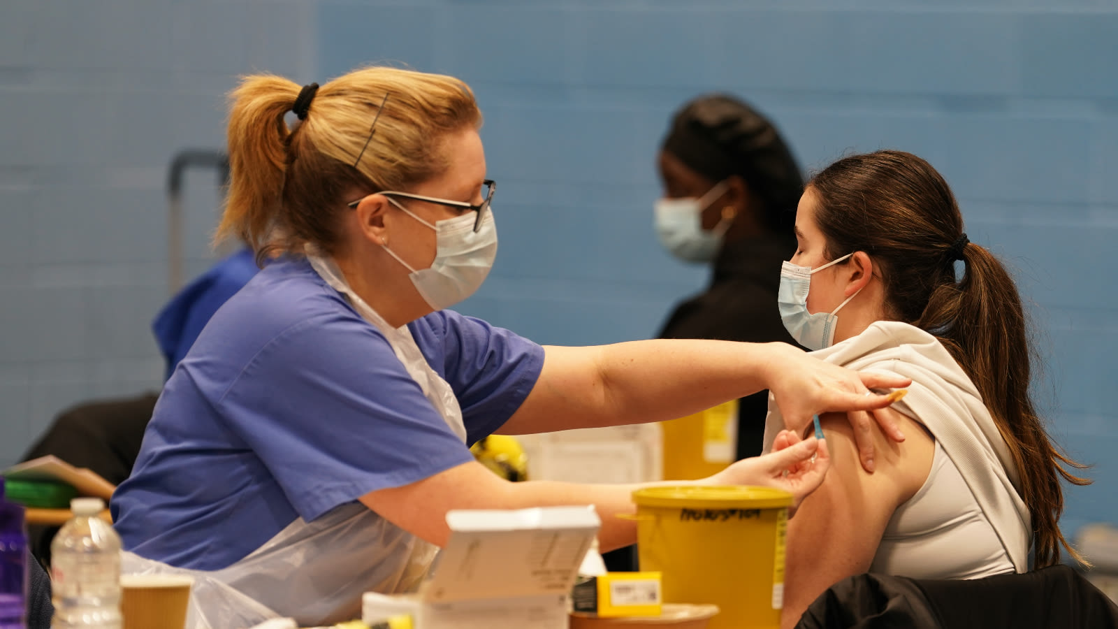 Photo: itv.com A student receiving an injection in the sports hall at the University of Kent campus in Canterbury