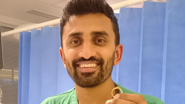 Suraj Shah, an anaesthetics registrar at The Royal Free Hospital in London discovered the diamond ring in his freshly-laundered scrubs, five days after they were worn by his NHS colleague in Suffolk.
Credit: Royal Free London Hospital Foundation Trust 