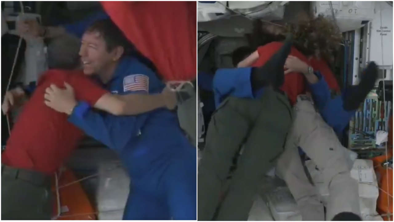 Astronauts have gravity defying hugs as they arrive at space station