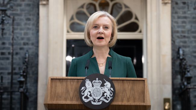 Outgoing Prime Minister Liz Truss making a speech before travelling to Buckingham Palace for an audience with King Charles III.