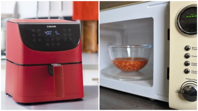 Split image. Left image: An air fryer. Right image: A microwave.