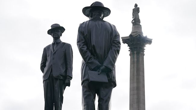 Antelope, a new work by Malawi-born artist Samson Kambalu which depicts a 1914 photograph of Baptist preacher John Chilembwe and European missionary John Chorley, is unveiled on the Fourth Plinth in Trafalgar Square, London. Picture date: Wednesday September 28, 2022.