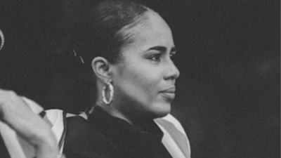 18-06-21 Black and white photo of equality activist Khady Gueye at a BLM protest in June 2020