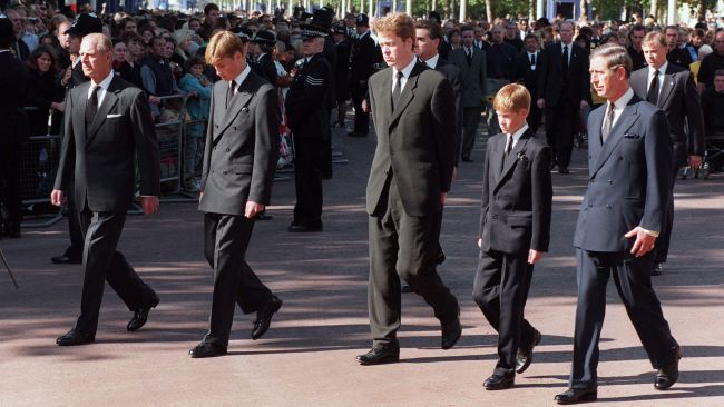 Harry and William walk behind Diana's coffin.