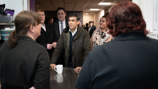 Prime Minister Rishi Sunak meets staff and local party members at Firthmoor Community Centre during a visit to Darlington, County Durham where he discussed local issues and how money announced in this year's budget would be spent on fixing the region's roads