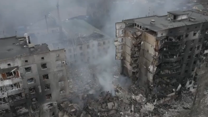 Ukraine: Drone Shots Show Extensive Damage As Buildings Burn | ITV News