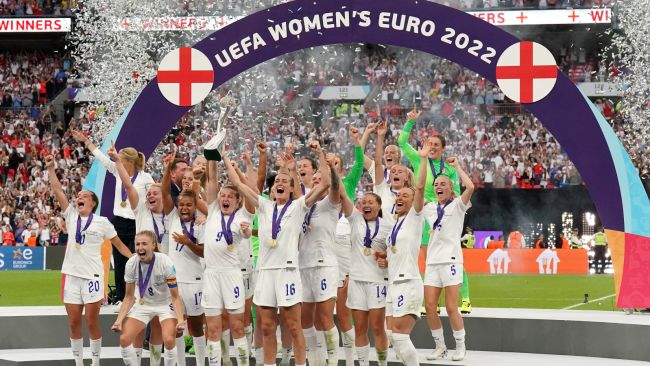England Women celebrate winning the 2022 European Football Championship.